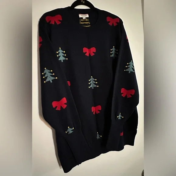 Unique Vintage Navy Christmas Tree & Red Bow Pattern Sweater NWOT 1X - Picture 3 of 8